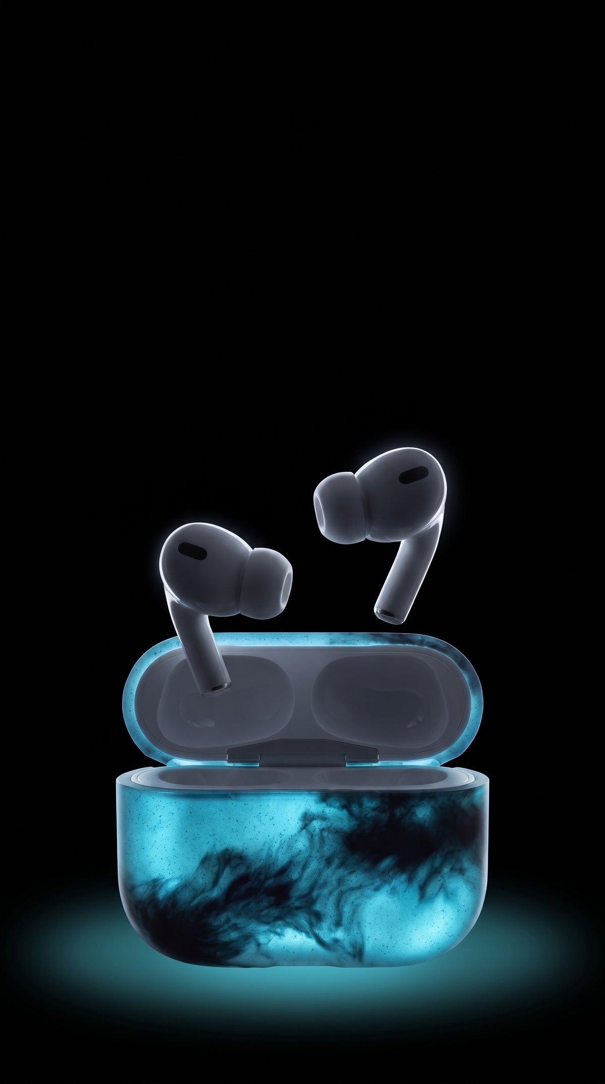 CAES Hyper Liquid AirPods case in Lagoon, glowing on a black ground
