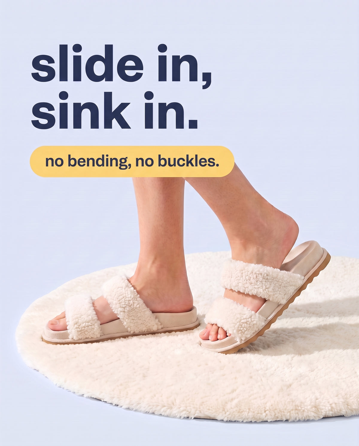 Shufflrs Cloud Comfort Slide worn on a rug. Slide in, sink in. No bending, no buckles.