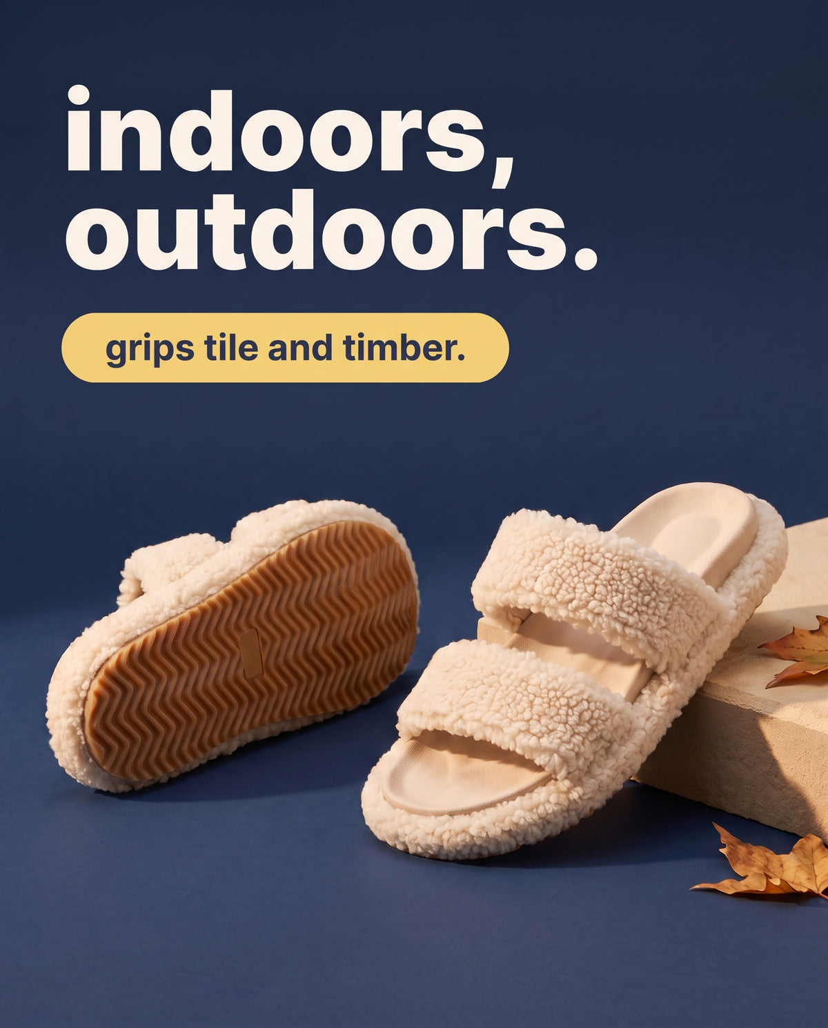 Shufflrs Cloud Comfort Slide wave tread rubber sole. Indoors, outdoors. Grips tile and timber.