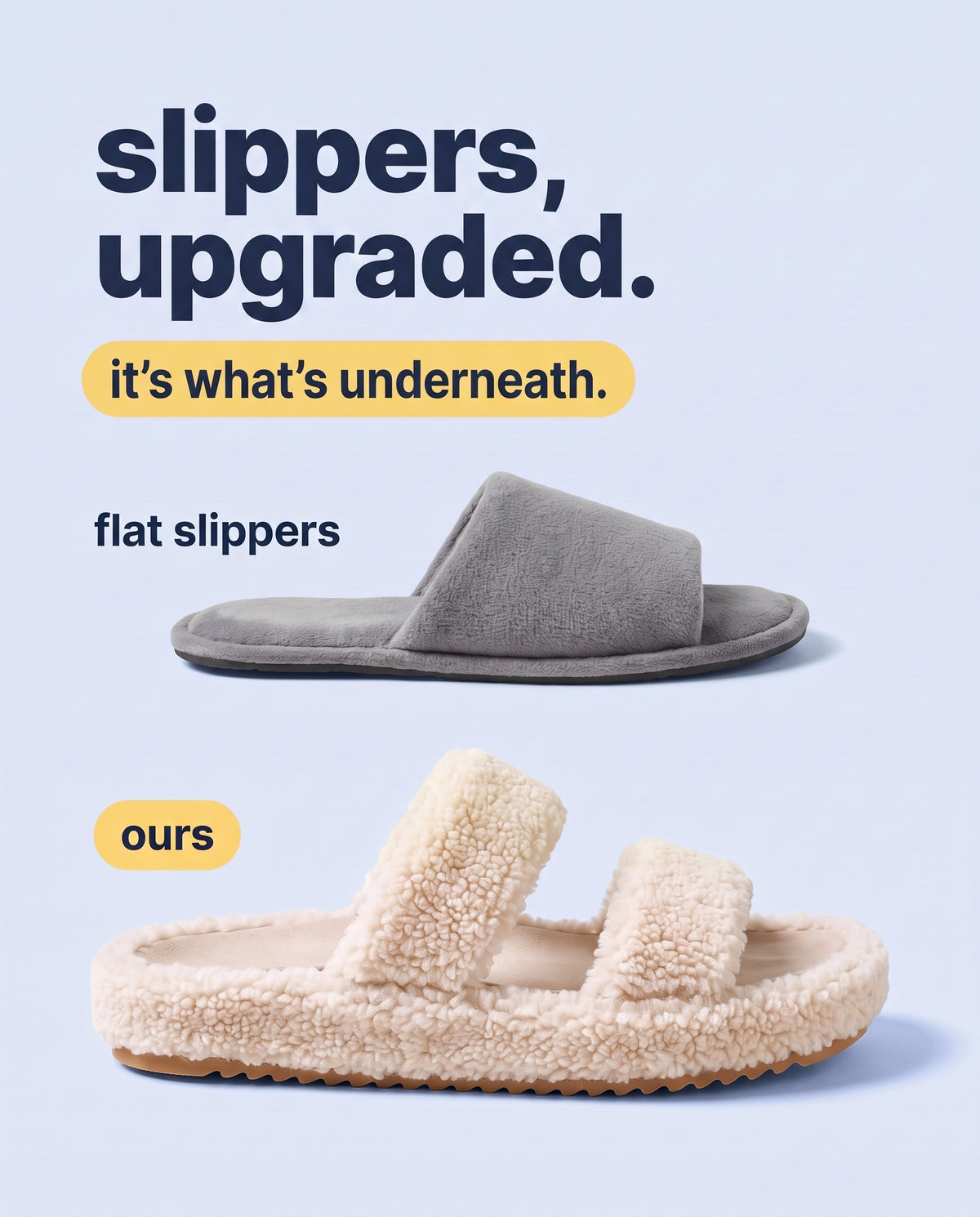 Shufflrs Cloud Comfort Slide next to a flat slipper. Slippers, upgraded.