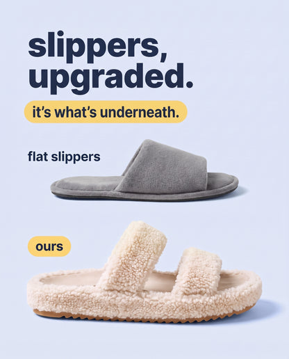 Shufflrs Cloud Comfort Slide next to a flat slipper. Slippers, upgraded.